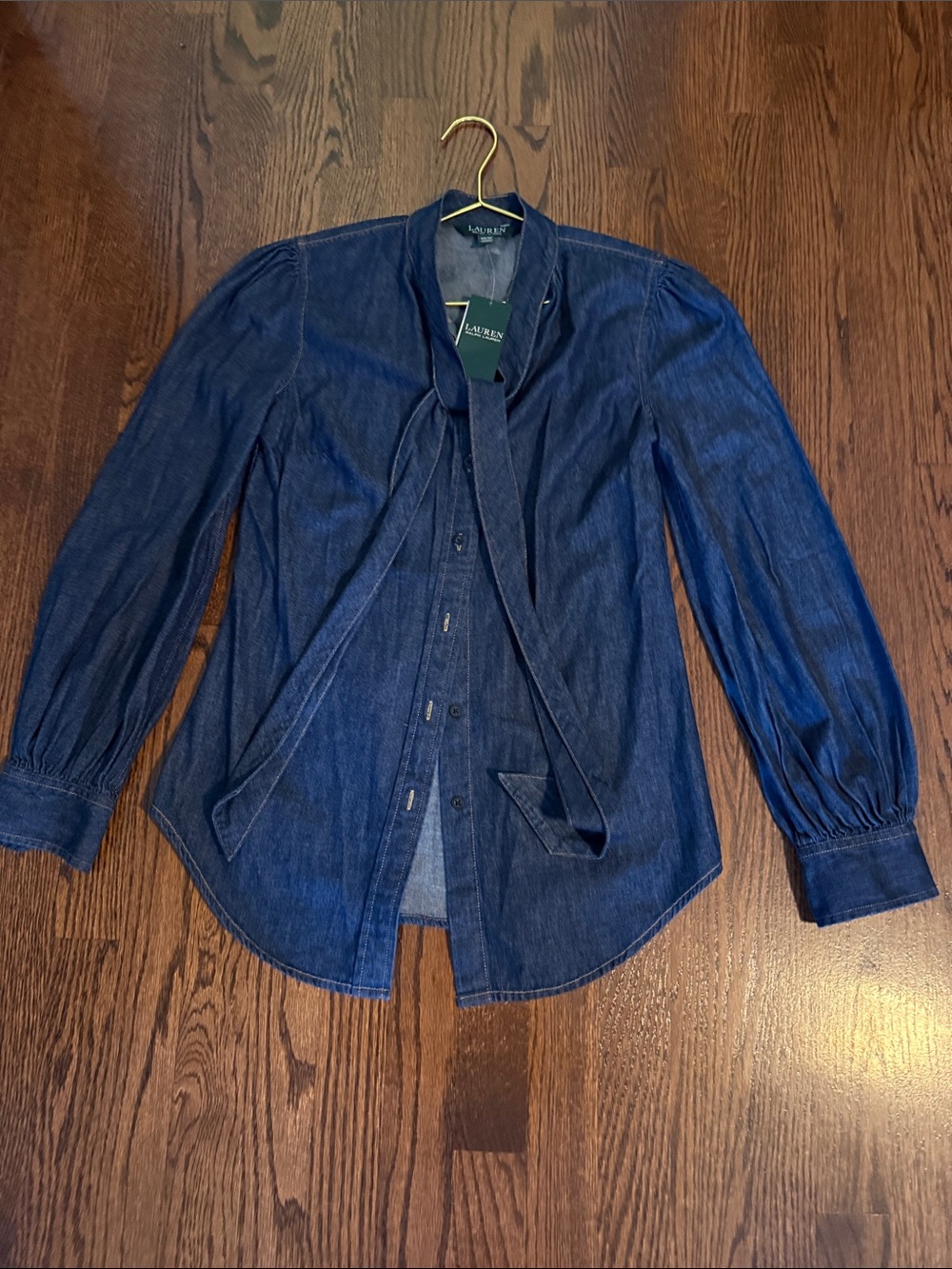 Lauren-Ralph Lauren Indigo Blue Denim Tie-Neck Shirt-NWT XS